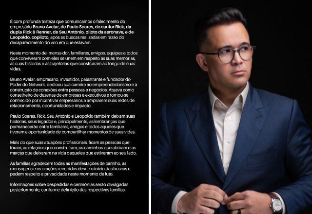 Imagem da notícia: Equipe de Bruno Avelar lamenta morte do empresário Imagem da notícia: Equipe de Bruno Avelar lamenta morte do empresário