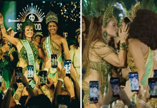 Imagem da notícia: Paolla Oliveira recebe coroa de IZA e dá selinho na cantora Imagem da notícia: Paolla Oliveira recebe coroa de IZA e dá selinho na cantora