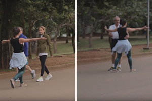 Juliana Franceschi faz pegadinha do abraço no parque 