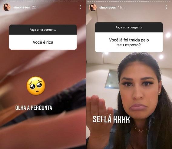 Printscreen mostra duas imagens de perguntas feitas pelos fãs de Simone. A primeira questiona se ela é rica e a segunda pergunta se ela já foi traída. 