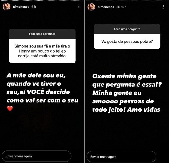 Printscreen mostra perguntas feitas para Simone no Instagram