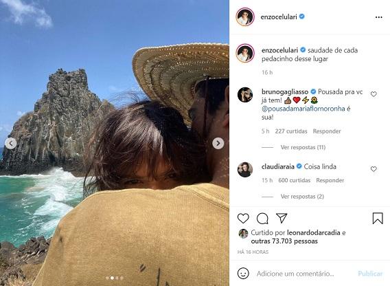 Foto publicada por Enzo Celulari mostra ele e Bruna Marquezine abraçados em Fernando de Noronha