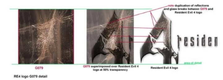 Comparação entre a foto tirada por Judy Juracek e o logo de Resident Evil 4.