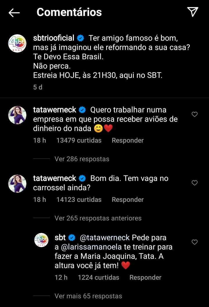 Tatá Werneck pede emprego ao SBT