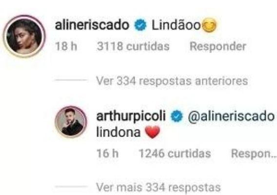 Print da troca de elogios entre Aline Riscado e Arthur Picoli 