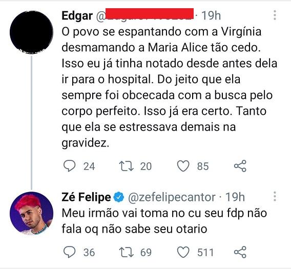 Zé Felipe xinga seguidor após crítica