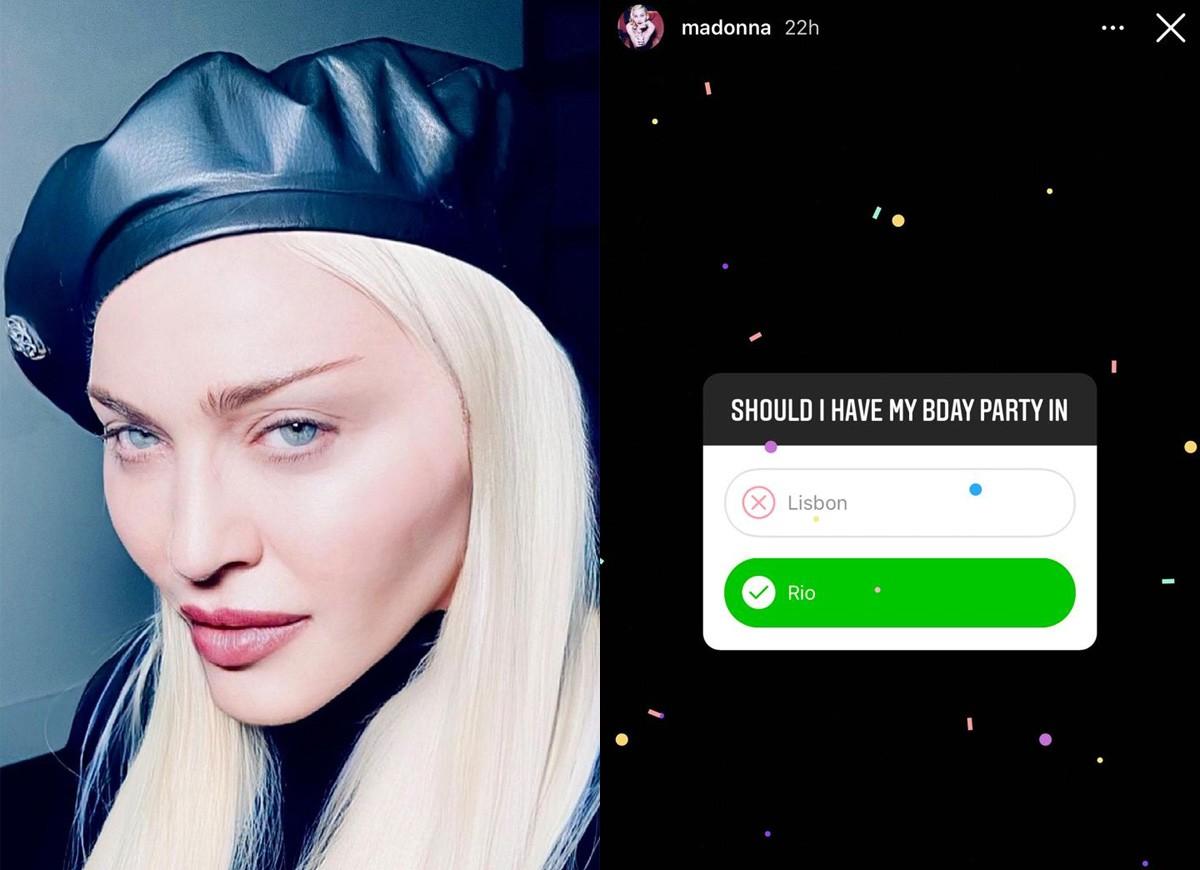 Montagem com Madonna à esquerda e uma pergunta feita em seu Instagram à direita.
