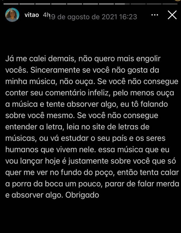 Publicação de Vitão nos stories do Instagram.