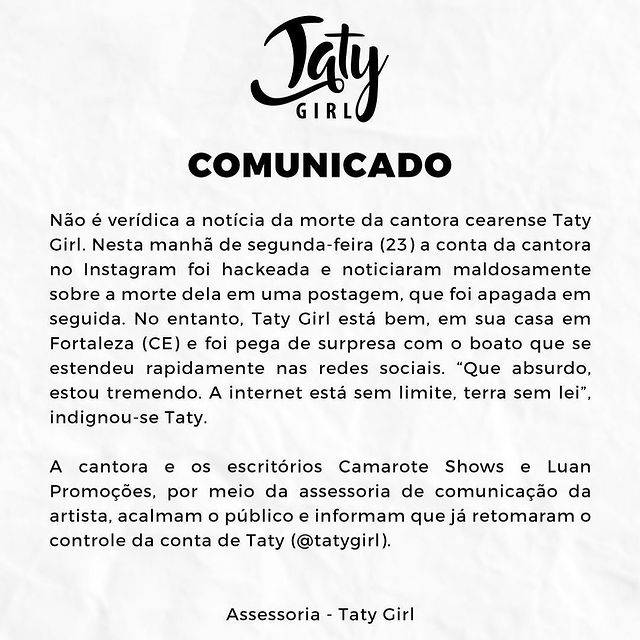 Comunicado da assessoria de imprensa da Taty Girl