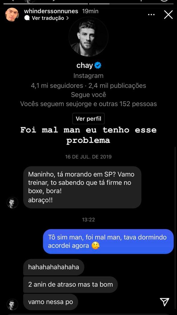 Print da troca de mensagens entre Whindersson Nunes e Chay Suede