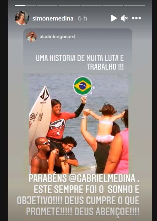 Print dos Stories de Simone Medina parabenizando o filho