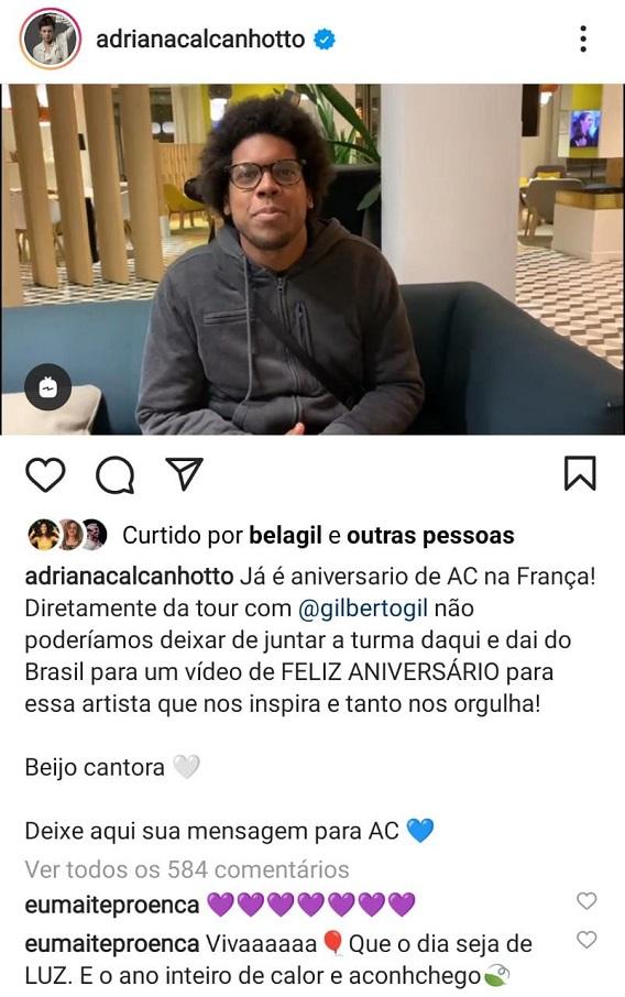 Printscreen mostra comentário da Maitê Proença em publicação de Adriana Calcanhotto