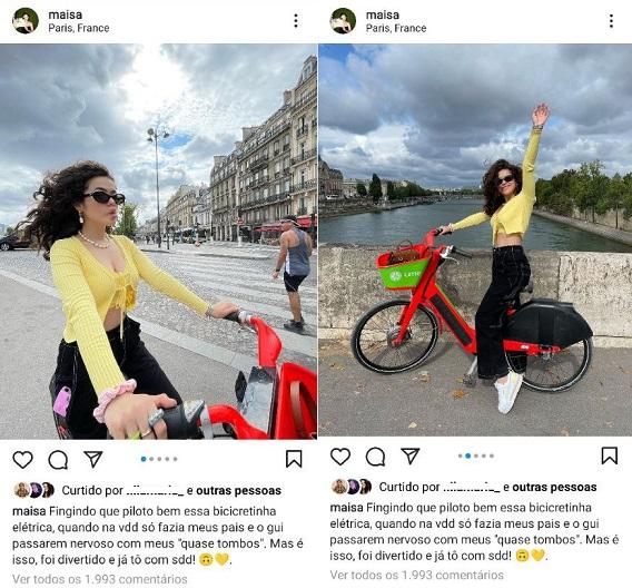Maisa andando de bicicleta pelas ruas de Paris