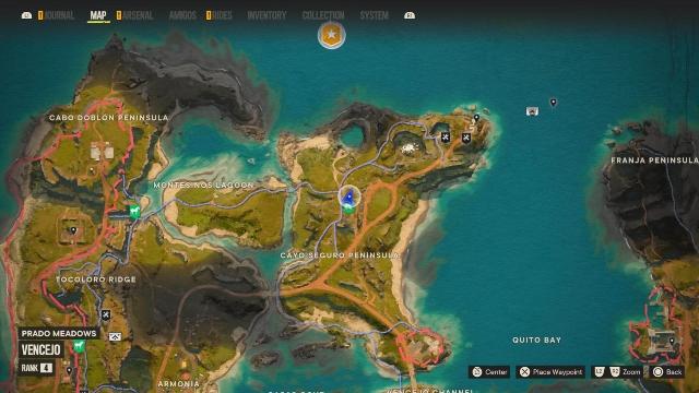 Imagem do mapa de Far Cry 6, mostrando o local exato do easter egg