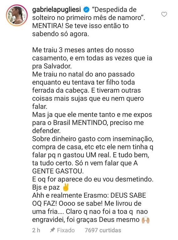 Gabriela Pugliesi revela motivo do fim do casamento com Erasmo Viana