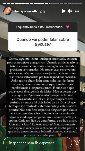 Story de Flavia Pavanelli falando sobre YOUSE