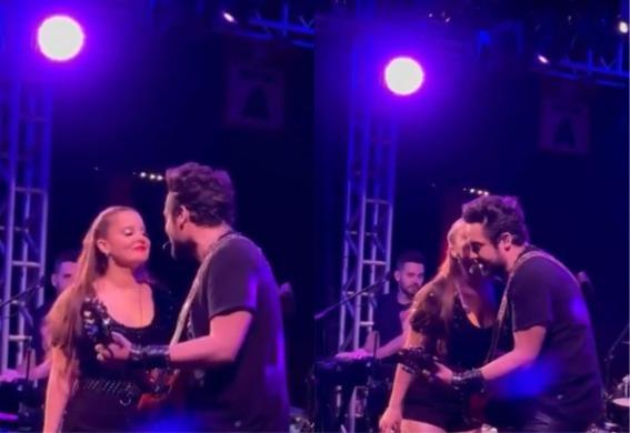 Maiara dá beijo em Fernando Zor durante show em São Paulo