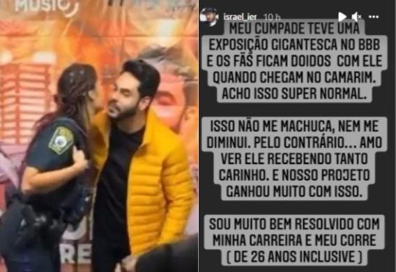 Rodolffo sendo cumprimentado por fã à esquerda; Stories de Israel se pronunciando sobre a polêmica à direita