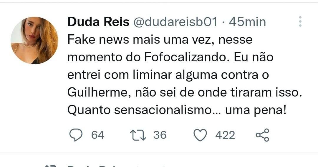 Duda Reis escreve tweet