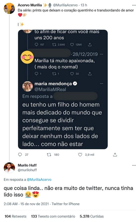 Printscreen mostra declaração de Marília Mendonça para Murilo Huff