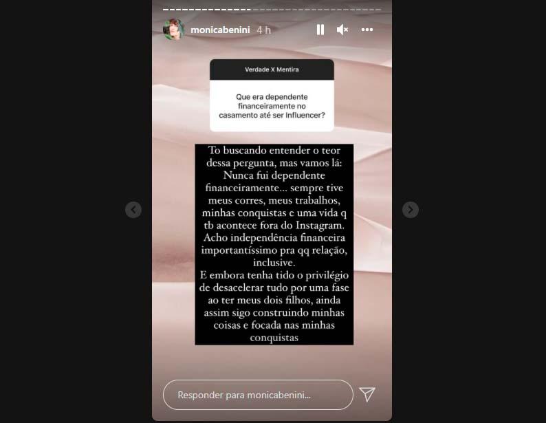 Print dos Stories de Mônica Benini