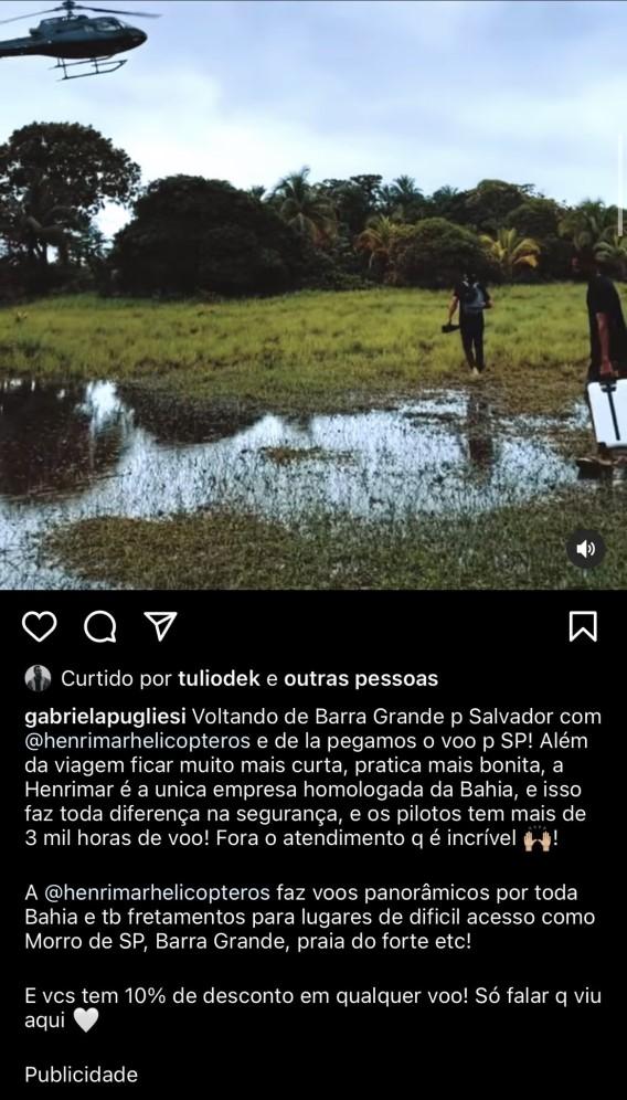 Print de publicidade feita por Gabriela Pugliesi em área afetada pelas enchentes