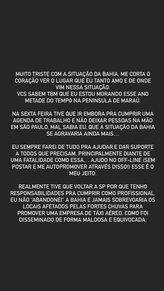 Print dos stories de Gabriela Pugliesi se defendendo de críticas