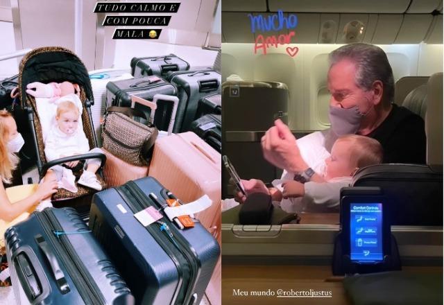 Stories de Ana Paula Siebert mostrando carrinho da filha e malas no aeroporto e depois mostrando Roberto Justus com a filha dentro de avião