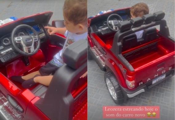 Stories de Murilo Huff mostrando Léo dentro do carrinho elétrico vermelho