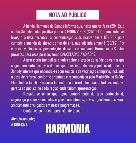 Nota oficial do teste positivo para a Covid-19 do cantor Xanddy, do Harmonia do Samba