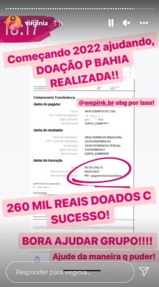 Print do valor doado dos stories do Instagram de Virginia Fonseca.