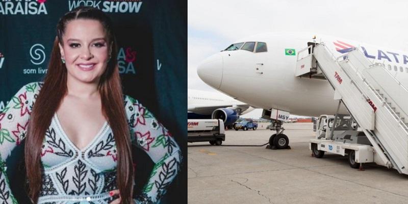 De um lado da montagem, Maiara antes de entrar no palco, com roupa floral. De outro, o avião em que a cantora estava.