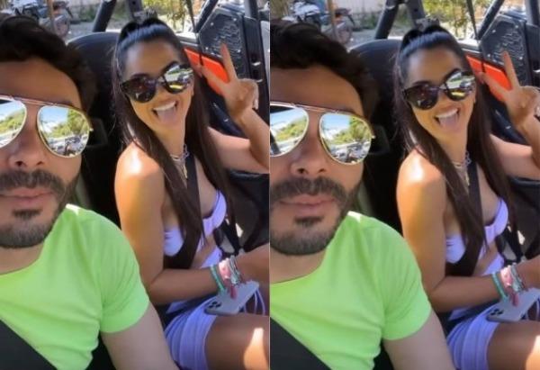 Rodolffo e Aiane Freitas tiram selfie dentro de buggy em Trancoso