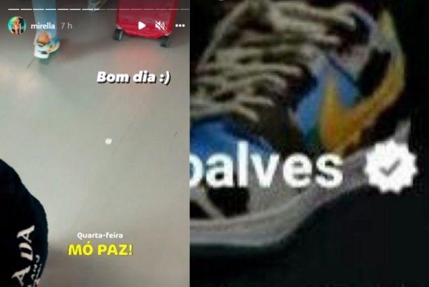 De um lado, o print de um storie feito por Mirella em seu Instagram, de outro, uma foto que mostra o tênis de Dynho Alves. 