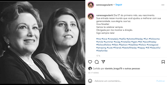 print de tela mostra foto de vanessa e nicette ao lado do texto publicado por vanessa na rede social