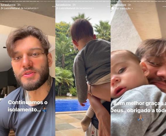 montagem com prints de stories mostra luccas lucco falando sobre isolamento, lucca olhando a chuva e o sertanejo com o filho no colo agradecendo pelo carinho dos fãs