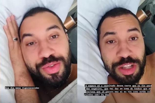 Deitado na cama e sem camisa, Gil conversa através dos stories do Instagram.