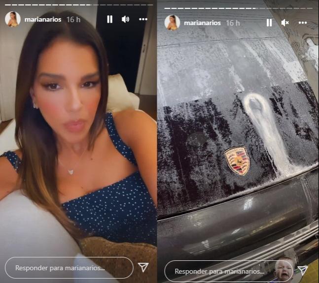 De um lado, Mariana Rios fala com os fãs no storie do Instagram. De outro, o carro da atriz, na cor preta, aparece manchado de tinta branca.