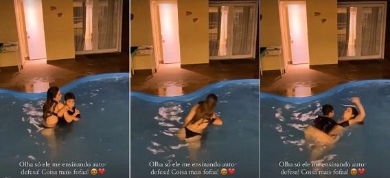 Wanessa Camargo com o filho na piscina