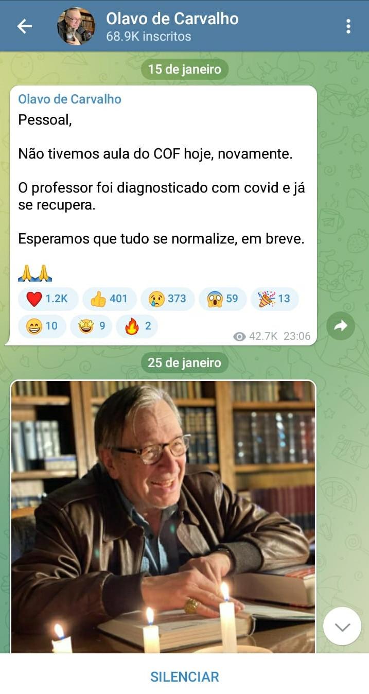 Print do canal do Telegrama do escritor Olavo de Carvalho