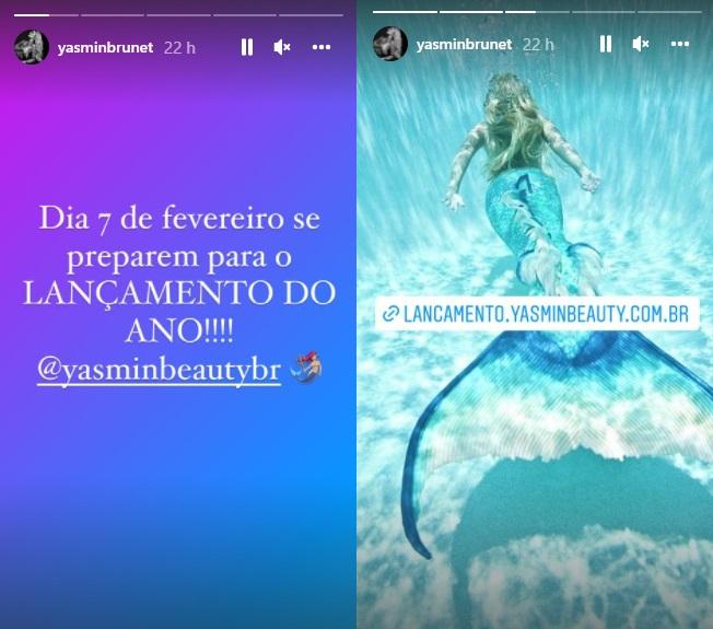 De um lado, storie de Yasmin, escrito, divulgando a marca. Do outro, storie dela nadando em uma piscina, vestida de sereia. 