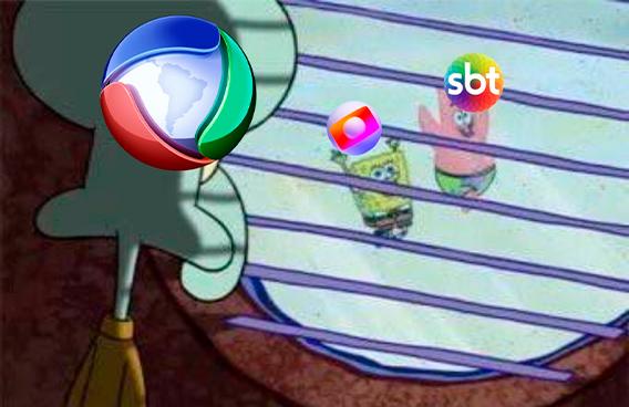 Meme do Bob Esponja mostrando Globo e SBT se divertindo.