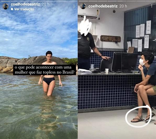 De um lado da montagem, Beatriz aparece tomando um banho de mar, de outro, ela está sentada em uma delegacia.