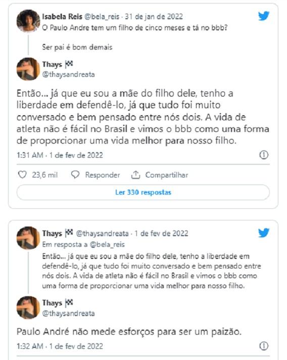 print do diaálogo entre internauta e thays andreata, ex de paulo andré