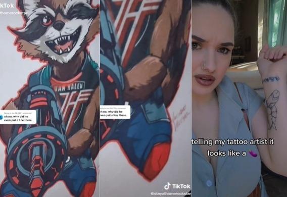 Prints do TikTok de Courtney Lyn mostrando o desenho do personagem Rocket Raccoon e sua tatuagem