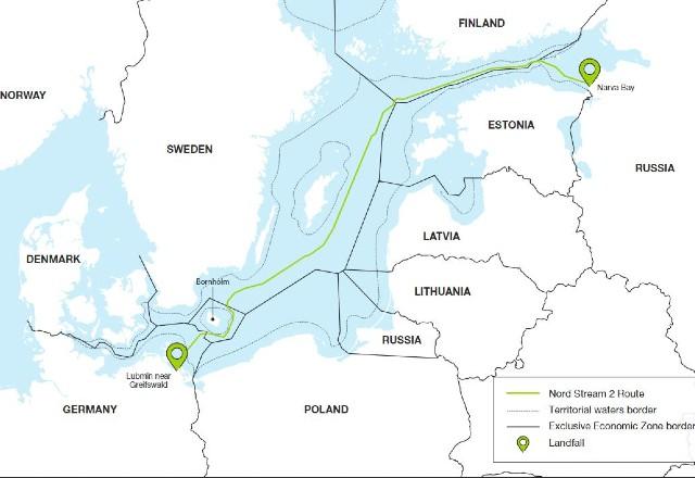 Mapa do gasoduto Nord Stream 2, capaz de transportar 55 bilhões de metros cúbicos de gás natural da Rússia para Alemanha