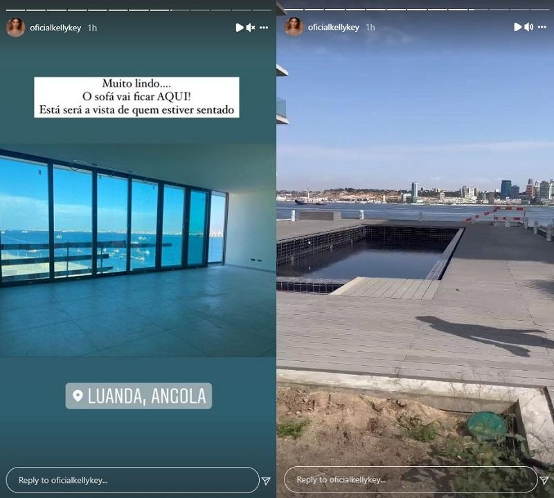 De um lado, a nova sala da cantora, sem nenhum móvel. De outro, a piscina e a vista para o mar do apartamento.