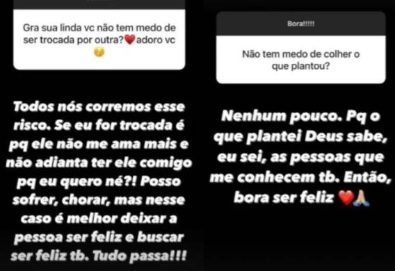 Print dos stories de Graciele Lacerda respondendo a perguntas dos seguidores