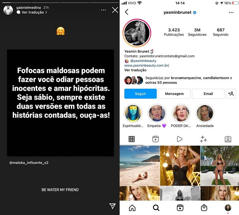 Print do Instagram de Gabriel Medina e de Yasmin Brunet