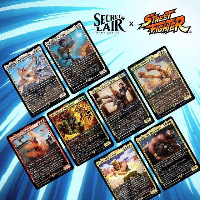 Imagem promocional das cartas do Secret Lair de Street Fighter em Magic: The Gathering 